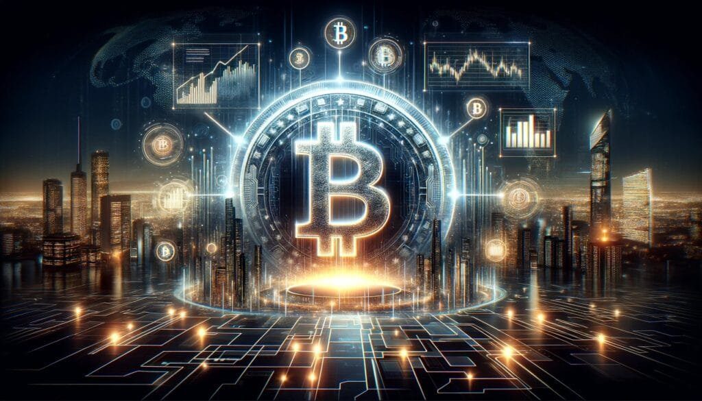 DALL·E 2024 03 28 09.09.55 A visually striking and futuristic illustration of a bitcoin ETF concept encapsulating the idea of digital wealth transformation and financial growth