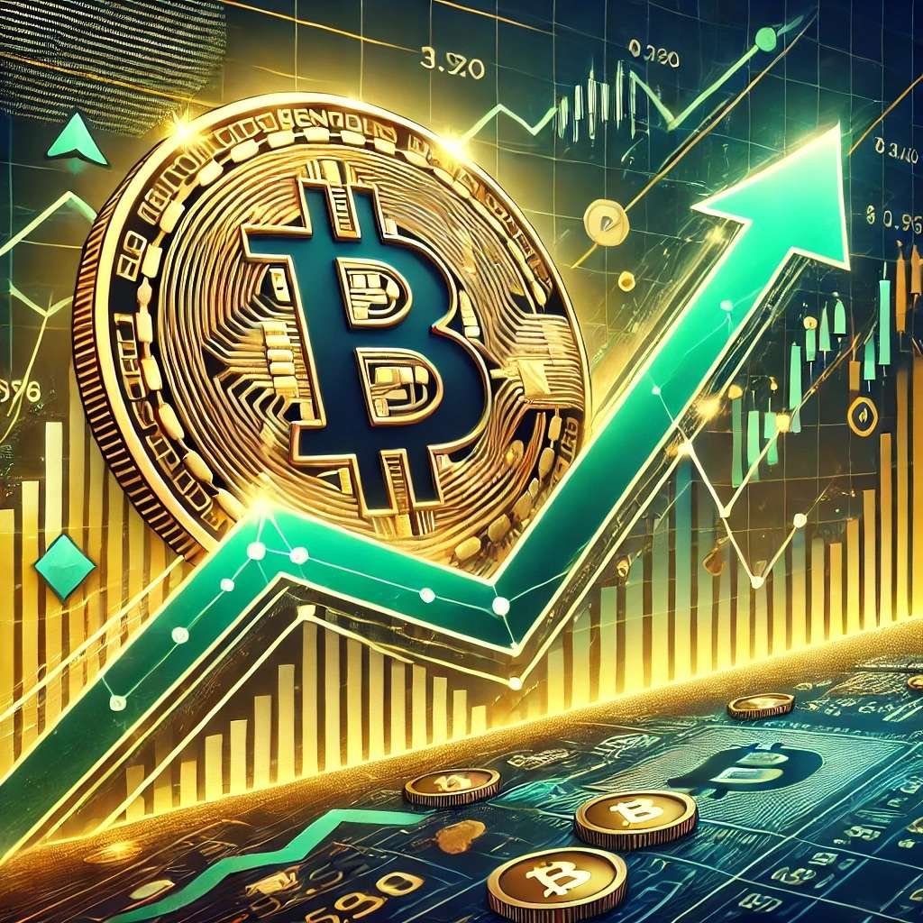 DALL·E 2024 10 15 17.38.48 A digital illustration showing Bitcoin breaking above a falling wedge pat