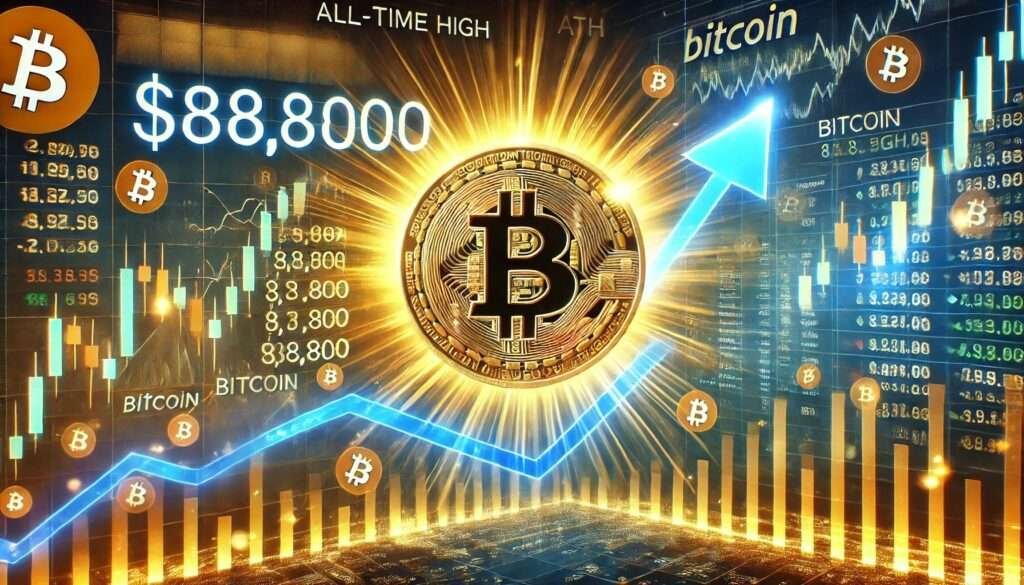 DALL·E 2024 11 09 07.47.26 A financial themed image showcasing Bitcoins BTC recent all time high ATH