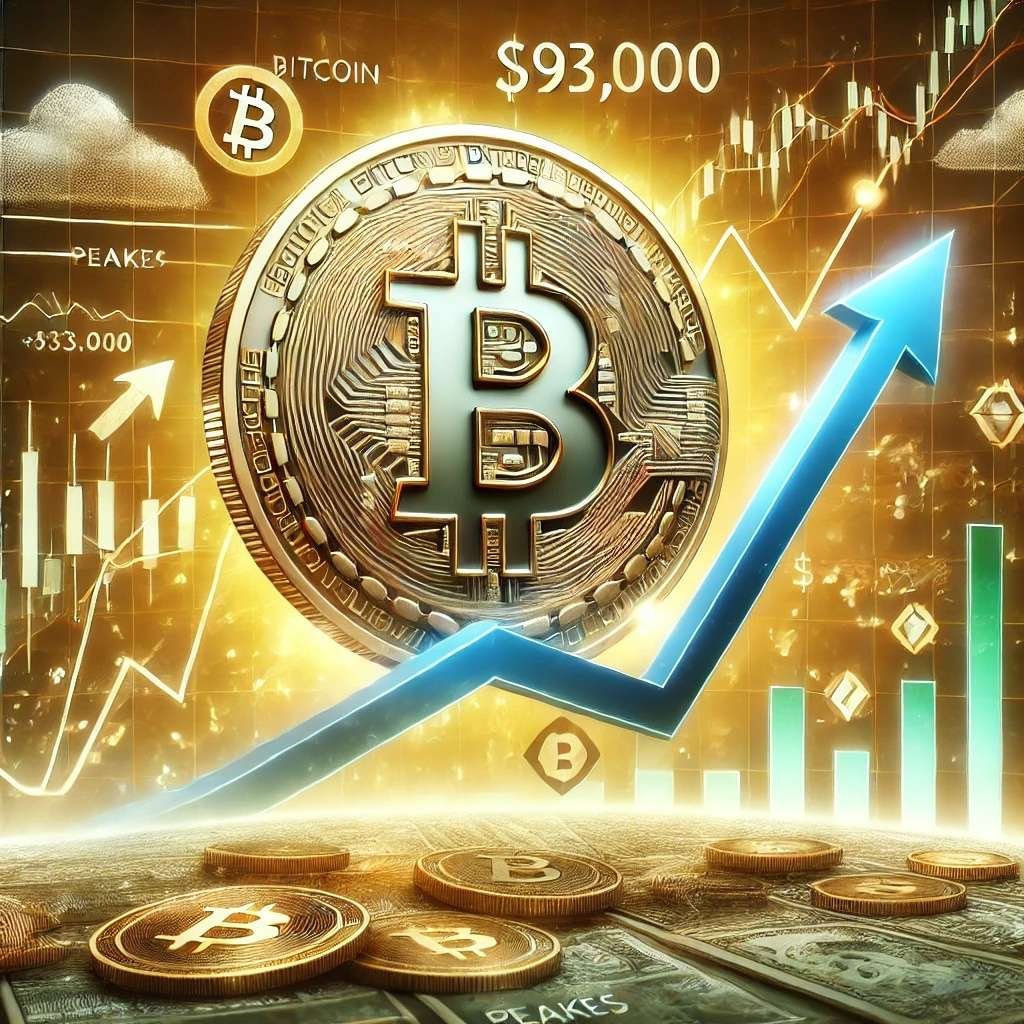 DALL·E 2024 11 13 17.54.16 A digital illustration depicting Bitcoin crossing the 93000 milestone. Th