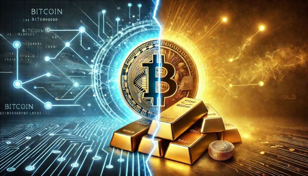 1739977585 DALL·E 2025 02 13 08.40.02 A dramatic visual representation of Bitcoin versus Gold. On one side a gl