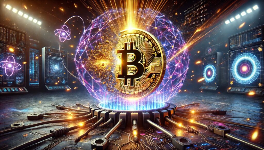 DALL·E 2025 04 17 14.46.22 A dramatic wide format digital illustration showing a large golden Bitcoi