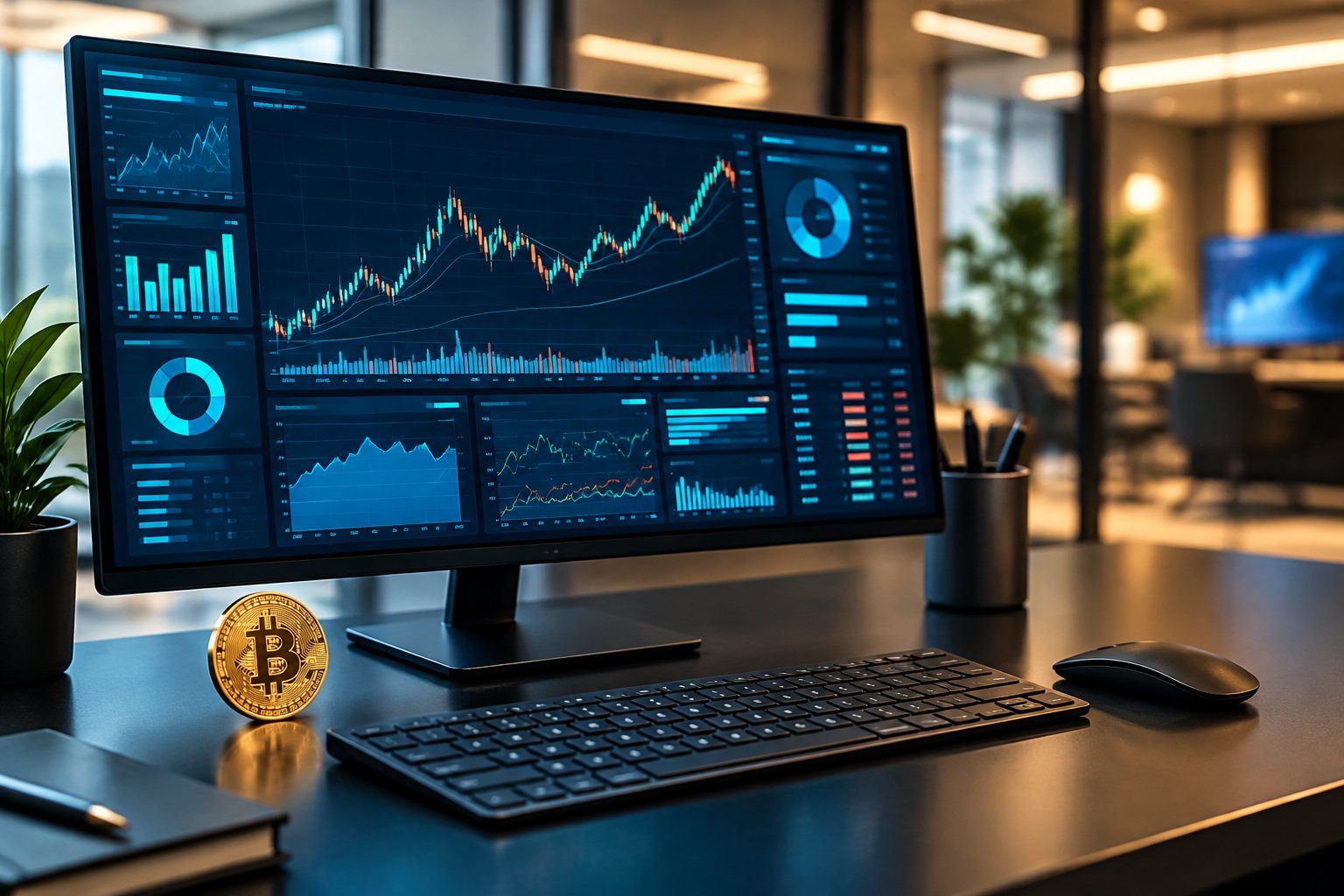 A Bitcoin coin beside a computer monitor showing abstract cryptocurrency market charts on a modern trading desk.