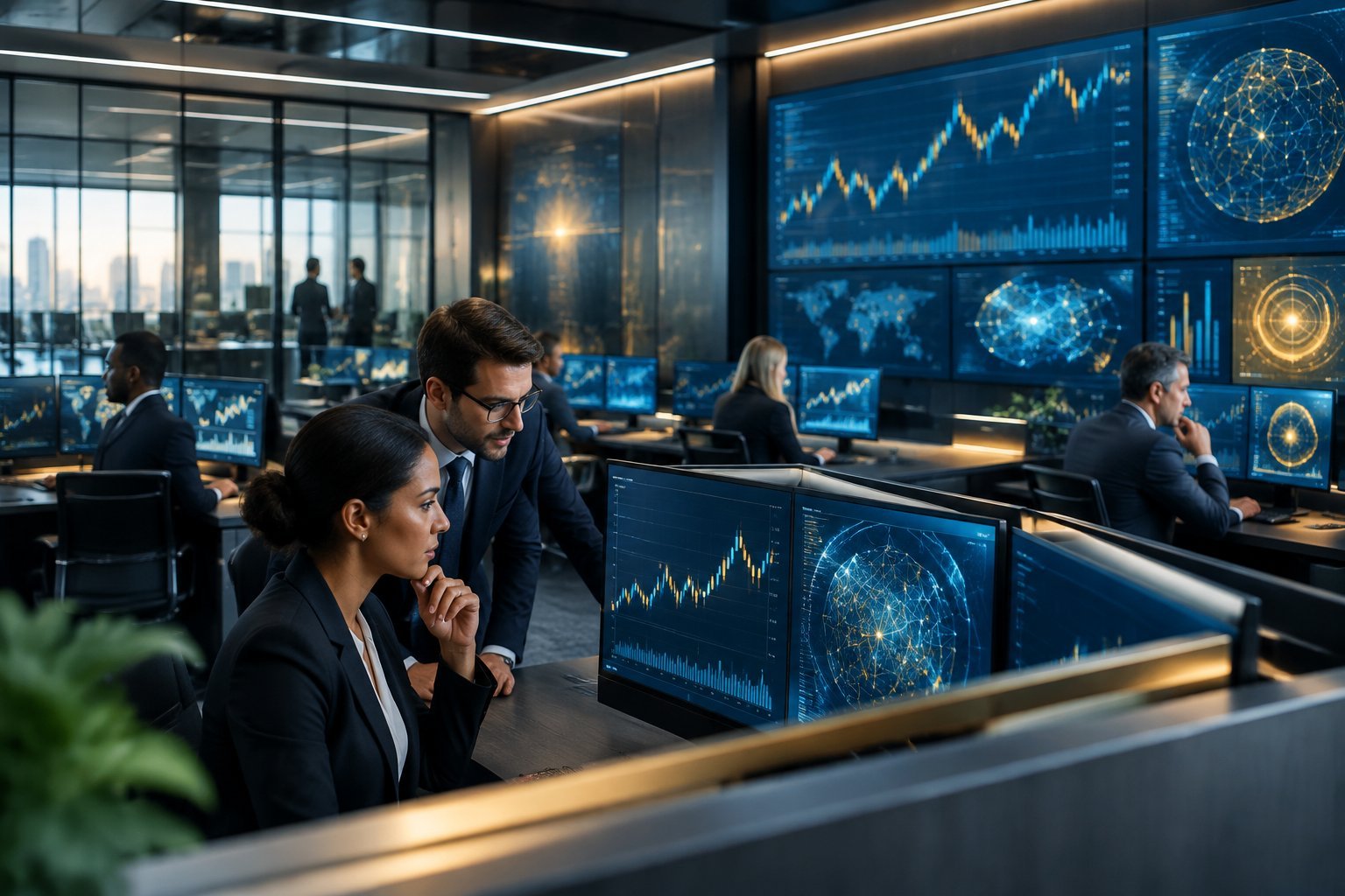Financial professionals analyze digital-asset market data in a modern institutional trading room.