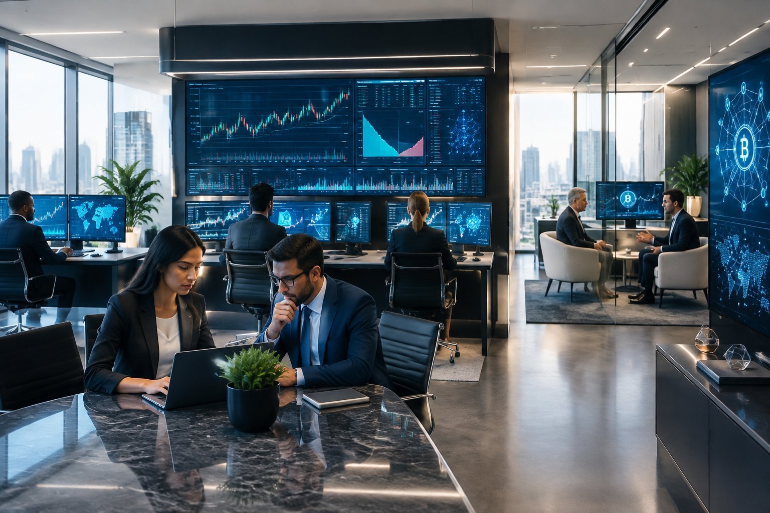 Professionals collaborate in a modern office while reviewing abstract Bitcoin trading dashboards and digital network visualizations.