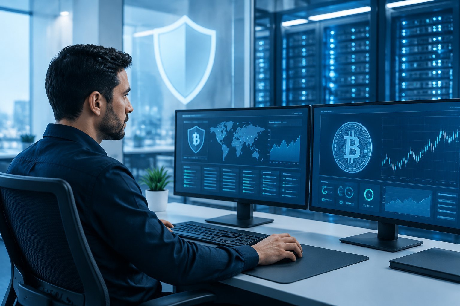 A cybersecurity professional monitors a Bitcoin exchange in a secure operations center.