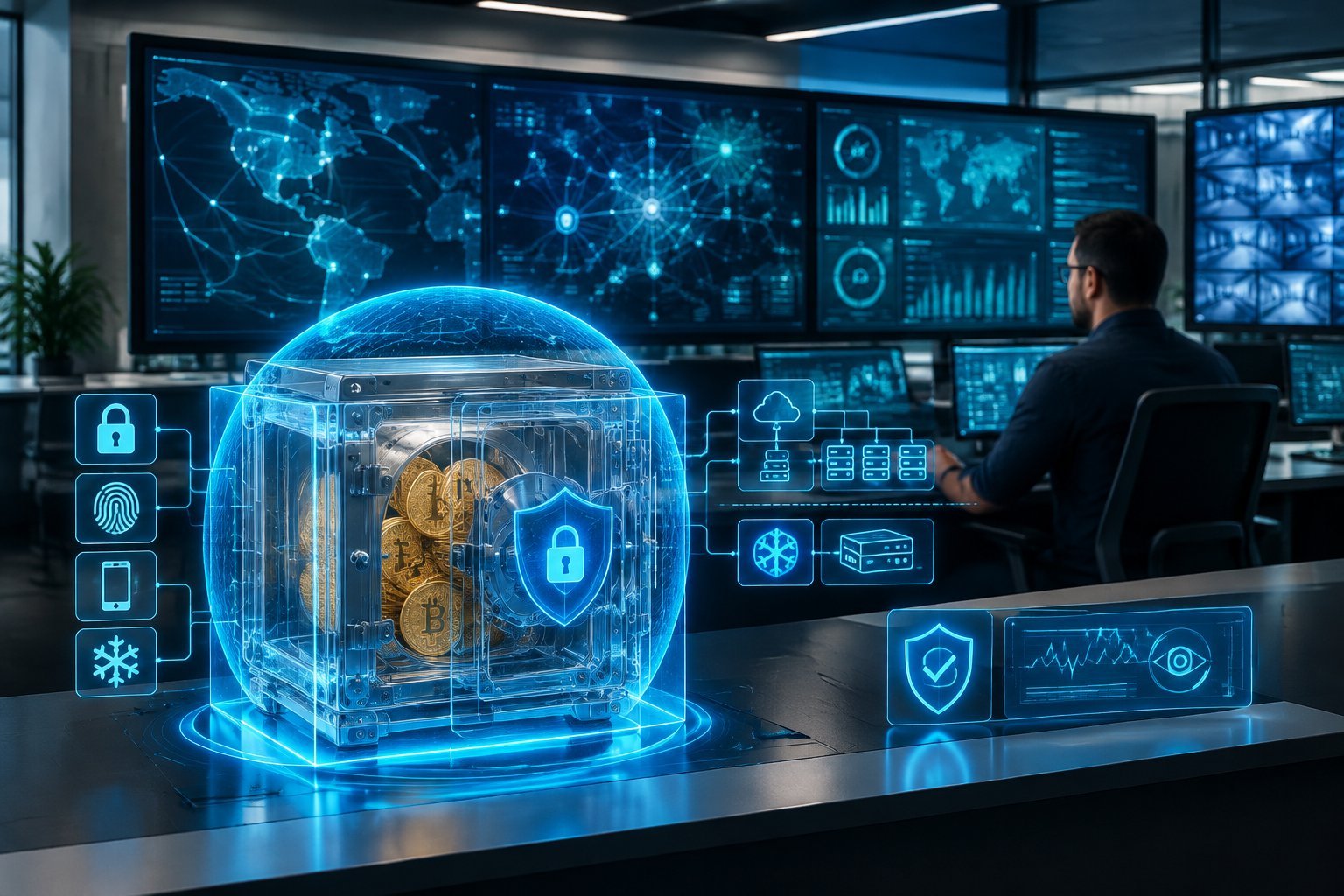 A cybersecurity professional monitors a secure digital vault containing Bitcoin.